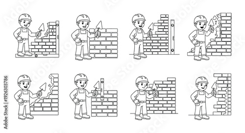 Cartoon illustration of construction workers building a brick wall