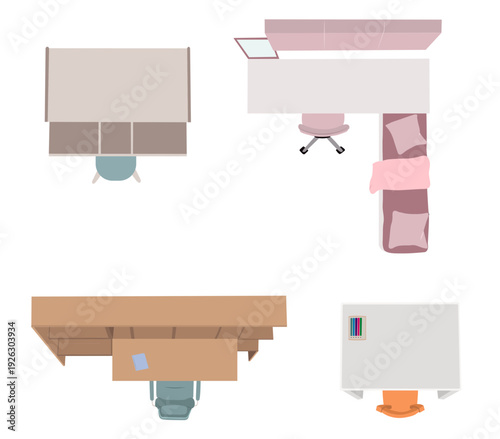 Colorful Kids Desk Top View Bundle, Playroom Furniture Vector Set