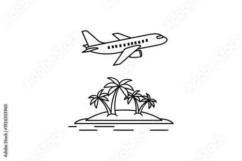 Airplane Flying over Palm Tree Island Tropical Travel Vacation Theme On white Background Line Art Vector illustration.