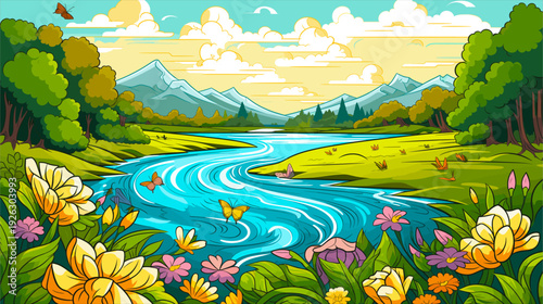 A vibrant, colorful landscape with a winding river flowing through lush greenery, surrounded by a variety of colorful flowers in the foreground. Butterflies flutter above the river