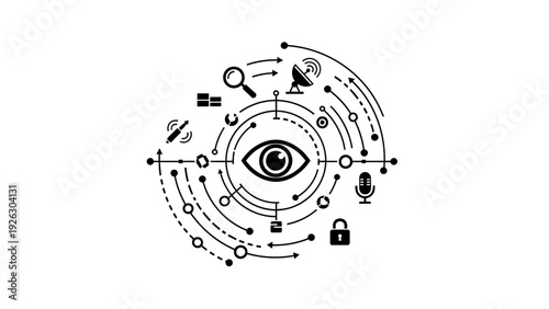 Black and white illustration of an eye surrounded by various icons and symbols in a circular pattern on a white background with a mix of digital and security elements.