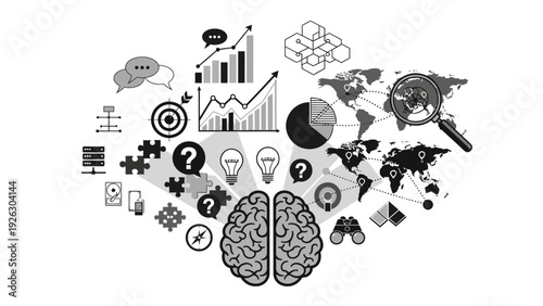 Flat lay of a brain surrounded by various business and technology icons in black and white on a clean white background.