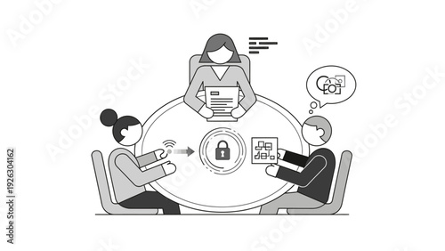 Illustration of three people sitting around a table with a large circle displaying a lock and password symbols in a simple monochromatic style on a white background.