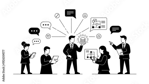Flat design illustration of business professionals communicating and sharing data with speech bubbles and icons in a minimalist office setting with a professional mood.