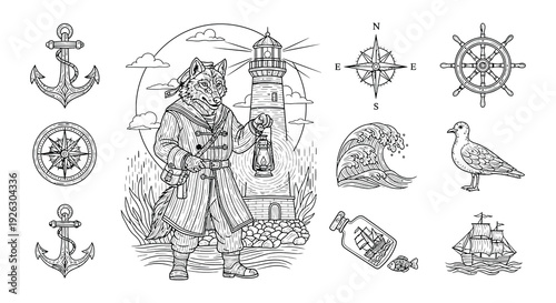 Vintage nautical illustration featuring a wolf captain and seaside elements