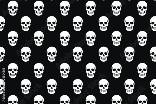 Seamless skull pattern with white skeleton heads on black background for Halloween, gothic and edgy textile design