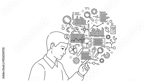 Line drawing of a man interacting with a tablet surrounded by various business and technology icons in a thought bubble.