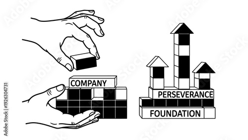 Line drawing of hands building a company foundation with blocks labeled perseverance on a white background.