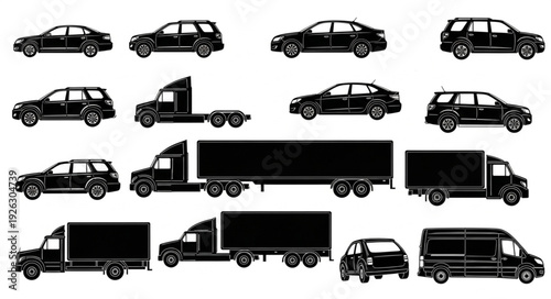 Collection of various black vehicle silhouettes, including cars, trucks, and vans, isolated on white background.
