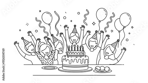 Black and white line drawing of a birthday party with people celebrating around a cake with lit candles and balloons.