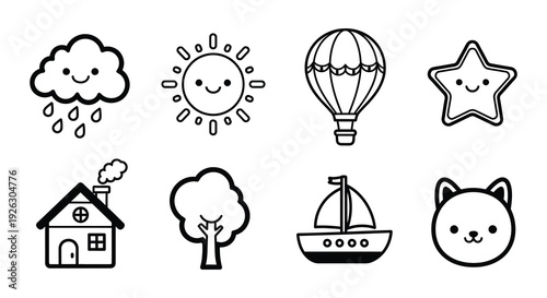 Charming black and white icons depict weather nature and playful objects