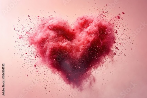 Exploding Heart: A burst of vibrant red powder, artfully shaped into a heart, floats against a soft, romantic backdrop, conveying love and passion.