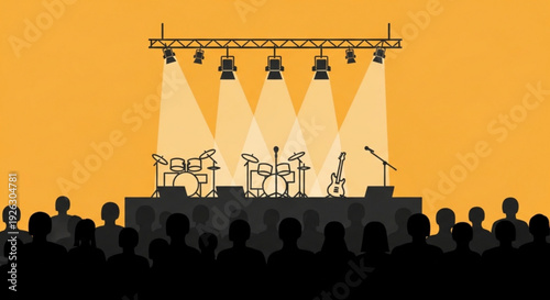 Concert stage with musical instruments and spotlight beams shining down on a live music performance in front of a crowd of people