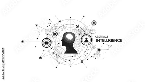 Black silhouette of a human head with glowing brain surrounded by abstract intelligence icons and network connections on a white background.
