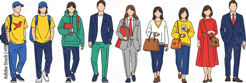Stylish Young People Walking Illustration Set with Casual and Business Outfits, Students and Professionals Street Fashion Vector Collection