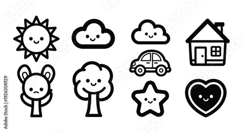 Charming black and white icons depict weather nature and playful objects