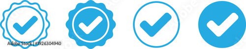 Verified Badge Icon Set with Blue Check Mark Tick Symbols for Account Confirmation, User Approval and Authentication Status, Modern Seal and Circle Verification Elements for Web and App Design