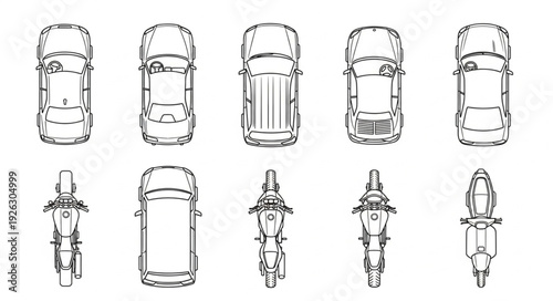 Overhead view of various vehicles including cars and motorcycles in a line-up.