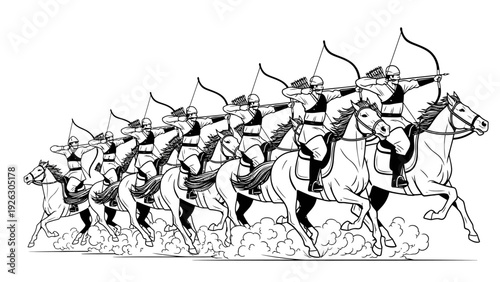 Black and white illustration of a group of horseback archers riding and shooting arrows in a dynamic, action-packed scene with a plain white background.