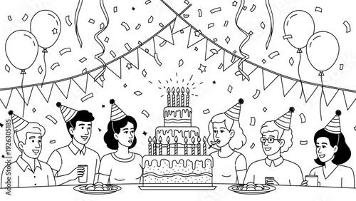 Line drawing of a diverse group of adults wearing party hats and celebrating with a multi-tiered cake surrounded by confetti and balloons in a festive atmosphere.