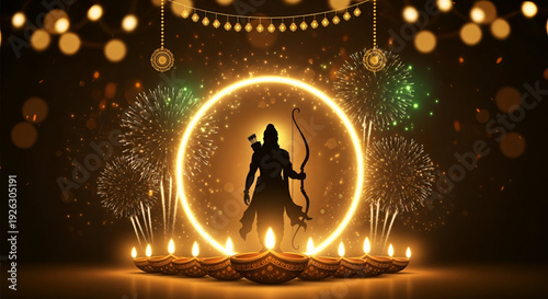Happy Ram Navami vector illustration of Lord Rama silhouette with bow and arrow surrounded by diya lights fireworks and golden festive decoration background