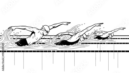 A black and white illustration of three swimmers in a swimming race with a minimalist background.