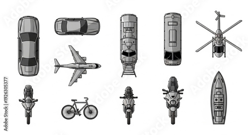 Collection of various transportation vehicles in top view, black and white illustration.