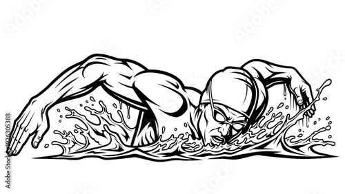 A swimmer wearing a cap swims through the water with a streamlined position in a black and white illustration with dynamic lines.