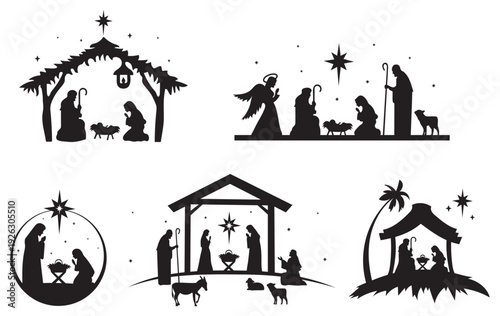 Nativity scene silhouette icons set