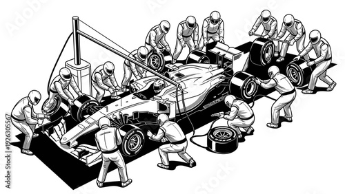 Illustration of a pit crew team working on a race car during a pit stop with a monochromatic color scheme and detailed composition.