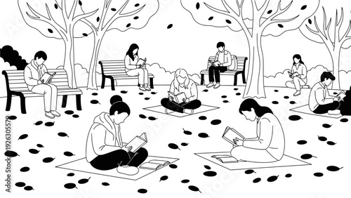 Black and white illustration of people sitting on mats and benches in a park with trees and fallen leaves, reading or relaxing in a peaceful outdoor setting.