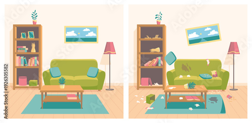 Clean and dirty living room. Messy apartment with old broken furniture and clutter, neat interior with new sofa and shelves, cleaning service, cartoon flat style isolated vector concept