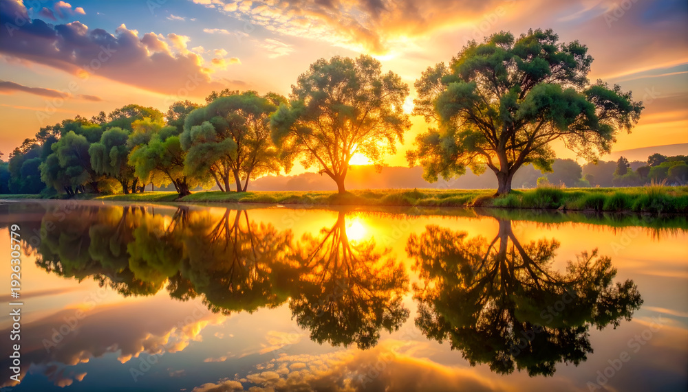 Obraz premium A serene sunset reflecting on a calm river lined with lush trees and vibrant clouds
