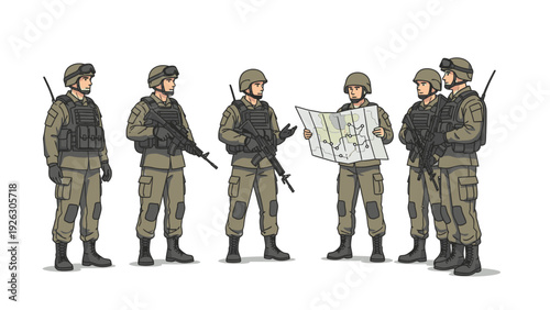 Illustration of six soldiers in green uniforms and helmets standing in a line with one soldier holding a map.