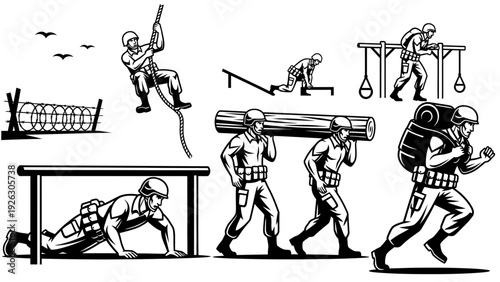 Black and white illustration of soldiers performing various military training exercises with obstacles and equipment.