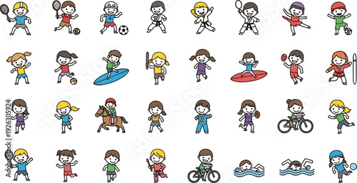 Large collection of stick figure children icons participating in various sports like soccer tennis swimming cycling and martial arts for school and club curriculum.