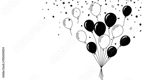 A bunch of black and white balloons floating upwards with confetti on a white background in a celebratory scene.