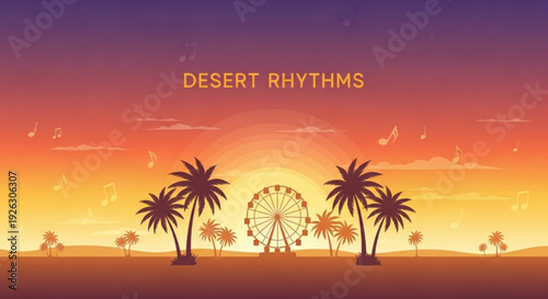 Vibrant desert landscape with ferris wheel and palm trees at sunset desert rhythms theme with musical notes
