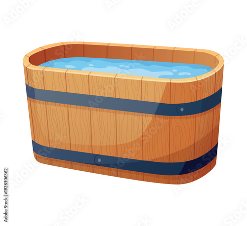 Wooden bath. Wood tub, cartoon rustic water bath barrel for public sauna traditional banya or onsen japanese hot spring, wellness relaxing bathtub basin neat vector illustration of tub bath wooden