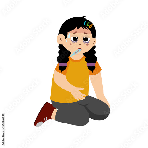 Little kid with a compress on his forehead. A child with a tired expression and a thermometer, large eye bags from illness.