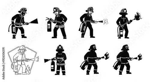 Black and white illustration of firefighters in various action poses