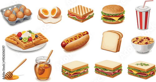 Vector breakfast and lunch food icons set including burger sandwich waffles hot dog eggs honey and cereal isolated on white background for menu design.