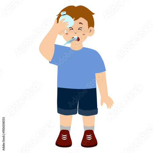 Little kid with a compress on his forehead. A child with a tired expression and a thermometer, large eye bags from illness.