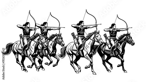 Illustration of three horseback archers riding and shooting bows in a dynamic, black-and-white composition against a plain white background.
