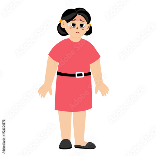 Woman with a compress on his forehead. Woman with a tired expression, large eye bags from illness.