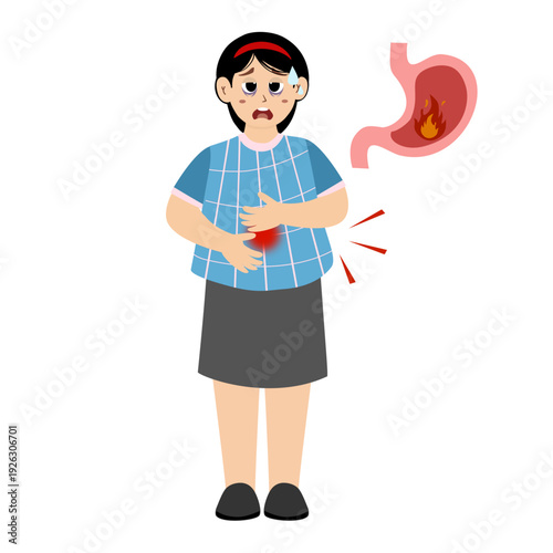Woman suffering from stomach pain, acid reflux. Vector illustration of gastritis concept.