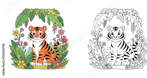 Cute tiger sitting in jungle flowers coloring book page vector illustration. Colored and black and white outline versions.