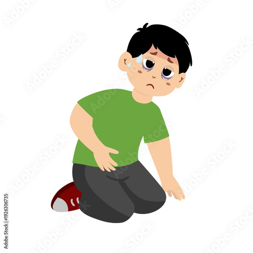 Little kid with a compress on his forehead. A child with a tired expression and a thermometer, large eye bags from illness.