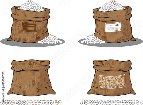 Set of rustic burlap sacks filled with white grain seeds or flour featuring woven jute texture and labels for agricultural harvest food storage  supply and organic farming flat vector illustration.
