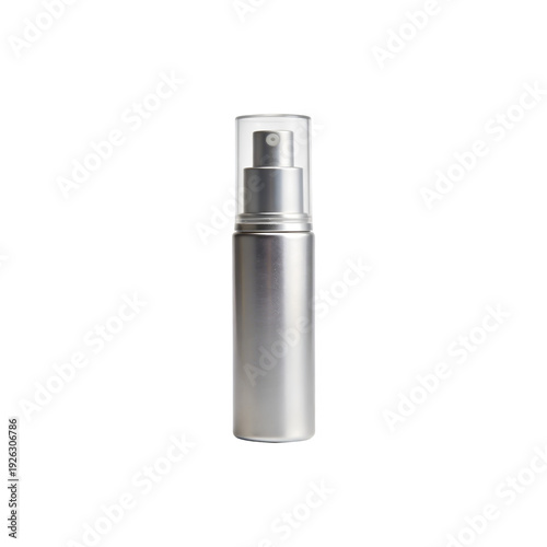 Silver cosmetic spray bottle isolated on a solid black background